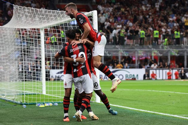 AC Milan v Venezia FC - Serie A - Giuseppe Meazza Milan, Italy, 28th August 2026. Ardon Jashari of AC Milan celebrates with Goncalo Ramos, Strahinja Pavlovic and Yunus Musah of AC Milan after his shot was parried by Filip Stankovic of Venezia FC only for it to strike Redouane Halhal of Venezia FC and finish in the net the give the hosts a 2-0 lead during the AC Milan vs Venezia FC Serie A match at Giuseppe Meazza, Milan. Picture credit should read: Jonathan Moscrop Milan Stadio Giuseppe Meazza Italy