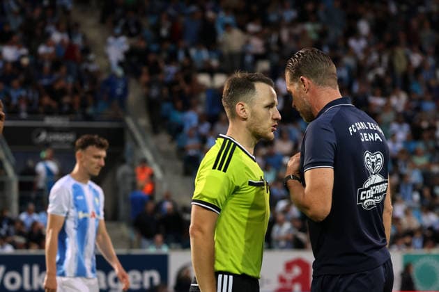 Referees Florian Lukawski and Marco Grote (GER); Jena coach after the first half at the eins Stadion on Gellertstrasse in Chemnitz, Chemnitzer FC vs. Carl Zeiss Jena, Matchday 7, 2026–27 Northeast Regional League, Saxony, Germany, August 28, 2026, high-risk match,