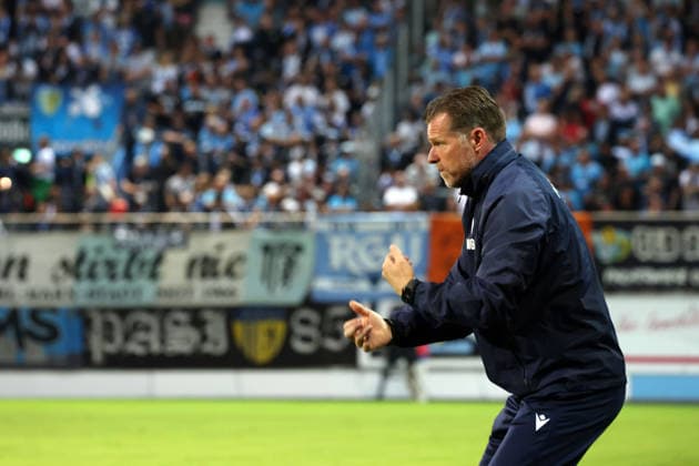 Marco Grote (GER), Jena coach, in the second half at the eins Stadium on Gellertstrasse in Chemnitz; Chemnitzer FC vs. Carl Zeiss Jena; Matchday 7; 2026–27 Northeast Regional League, Saxony, Germany; August 28, 2026; High-risk match,