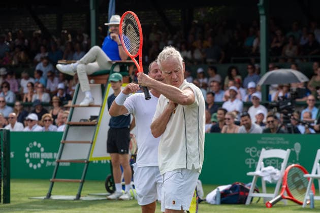 NEWPORT, RI - AUGUST 28: American former tennis player John McEnroe reacts while playing tennis during the International Tennis Hall of Fame Celebrity Pro Classic on August 28, 2026 at the International Tennis Hall of Fame in Newport, RI. (Photo by Erica Denhoff Icon Sportswire) TENNIS: AUG 28 International Tennis Hall of Fame Celebrity Pro Classic EDITORIAL USE ONLY Icon26082808
