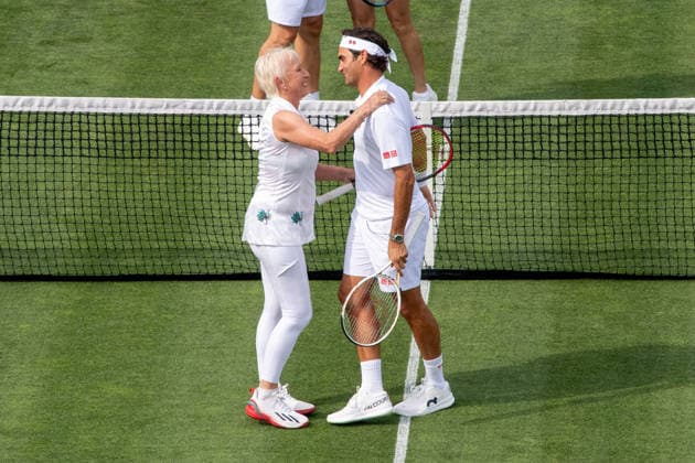 NEWPORT, RI - AUGUST 28: Martina Navratilova and Roger Federer embrace while playing doubles tennis during the International Tennis Hall of Fame Celebrity Pro Classic on August 28, 2026 at the International Tennis Hall of Fame in Newport, RI. (Photo by Erica Denhoff Icon Sportswire) TENNIS: AUG 28 International Tennis Hall of Fame Celebrity Pro Classic EDITORIAL USE ONLY Icon26082810