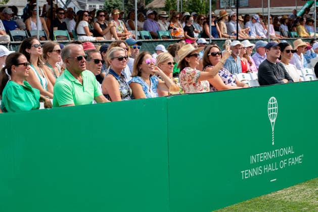 NEWPORT, RI - AUGUST 28: Spectators sit courtside during the International Tennis Hall of Fame Celebrity Pro Classic on August 28, 2026 at the International Tennis Hall of Fame in Newport, RI. (Photo by Erica Denhoff Icon Sportswire) TENNIS: AUG 28 International Tennis Hall of Fame Celebrity Pro Classic EDITORIAL USE ONLY Icon26082811