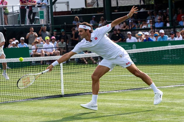 NEWPORT, RI - AUGUST 28: Swiss former tennis player Roger Federer plays tennis during the International Tennis Hall of Fame Celebrity Pro Classic on August 28, 2026 at the International Tennis Hall of Fame in Newport, RI. Federer is being inducted in the International Tennis Hall of Fame on August 29, 2026. (Photo by Erica Denhoff Icon Sportswire) TENNIS: AUG 28 International Tennis Hall of Fame Celebrity Pro Classic EDITORIAL USE ONLY Icon26082812