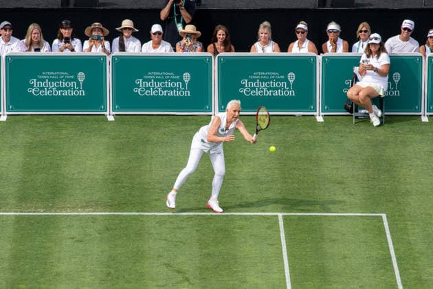 NEWPORT, RI - AUGUST 28: Former tennis player Martina Navratilova plays tennis during the International Tennis Hall of Fame Celebrity Pro Classic on August 28, 2026 at the International Tennis Hall of Fame in Newport, RI. (Photo by Erica Denhoff Icon Sportswire) TENNIS: AUG 28 International Tennis Hall of Fame Celebrity Pro Classic EDITORIAL USE ONLY Icon26082809