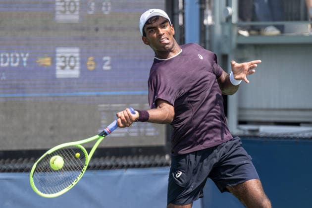 US Open qualifying final round NEW YORK, USA - AUGUST 28: Nishesh Basavareddy returns ball during a men s qualifying singles match final round of the 2026 US Open Championship at USTA Billie Jean King National Tennis Center on August 28, 2026 in Flushing, NY. Nishesh Basavareddy won in straight sets and progressed to play in main draw of tournament. Lev Radin Anadolu New York United States. Editorial use only. Please get in touch for any other usage.  Copyright: x2026xAnadoluxLevxRadinx
