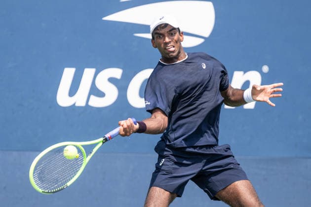 US Open qualifying final round NEW YORK, USA - AUGUST 28: Nishesh Basavareddy returns ball during a men s qualifying singles match final round of the 2026 US Open Championship at USTA Billie Jean King National Tennis Center on August 28, 2026 in Flushing, NY. Nishesh Basavareddy won in straight sets and progressed to play in main draw of tournament. Lev Radin Anadolu New York United States. Editorial use only. Please get in touch for any other usage.  Copyright: x2026xAnadoluxLevxRadinx