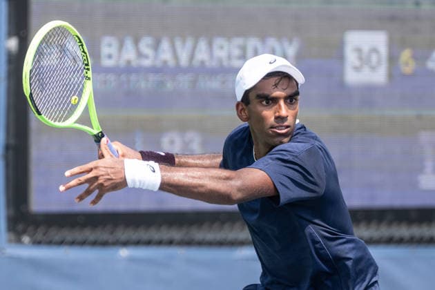 US Open qualifying final round NEW YORK, USA - AUGUST 28: Nishesh Basavareddy returns ball during a men s qualifying singles match final round of the 2026 US Open Championship at USTA Billie Jean King National Tennis Center on August 28, 2026 in Flushing, NY. Nishesh Basavareddy won in straight sets and progressed to play in main draw of tournament. Lev Radin Anadolu New York United States. Editorial use only. Please get in touch for any other usage.  Copyright: x2026xAnadoluxLevxRadinx