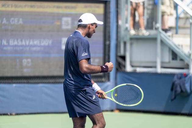 US Open qualifying final round NEW YORK, USA - AUGUST 28: Nishesh Basavareddy reacts during a men s qualifying singles match final round of the 2026 US Open Championship at USTA Billie Jean King National Tennis Center on August 28, 2026 in Flushing, NY. Nishesh Basavareddy won in straight sets and progressed to play in main draw of tournament. Lev Radin Anadolu New York United States. Editorial use only. Please get in touch for any other usage.  Copyright: x2026xAnadoluxLevxRadinx