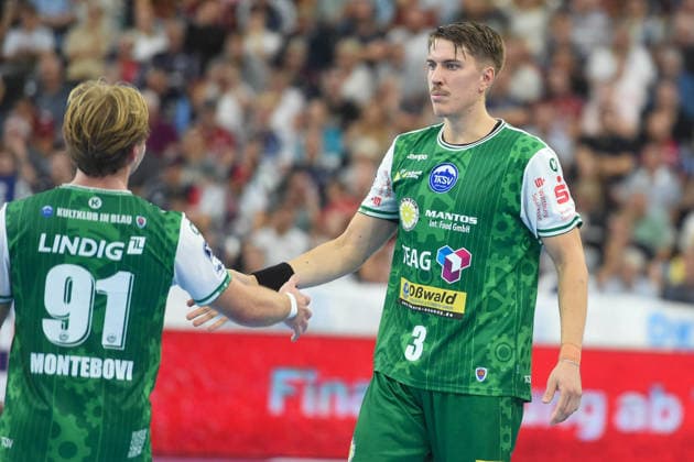 Handball I Men I 2026–2027 Season I Bundesliga I Matchday 1 I SG Flensburg Handewitt vs. ThSV Eisenach I August 28, 2026; from left: Felix Montebovi 91, ThSV Eisenach; Oskar Joelsson 3, ThSV Eisenach Copyright: xLobeca JanxKirschnerx