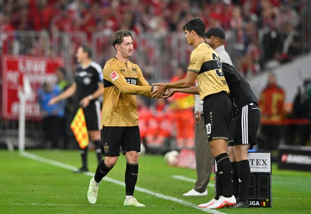 Wechsel Auswechslung Einwechslung Jose Maria Chema Andres Baixauli VfB Stuttgart (30) kommt fuer Angelo Stiller VfB Stuttgart (06) FC Bayern Muenchen FCB vs VfB Stuttgart 28.08.2026 DFL REGULATIONS PROHIBIT ANY USE OF PHOTOGRAPHS AS IMAGE SEQUENCES AND OR QUASI-VIDEO FC Bayern Muenchen FCB vs VfB Stuttgart *** Substitution: Jose Maria Chema Andres Baixauli (VfB Stuttgart 30) comes on for Angelo Stiller (VfB Stuttgart 06). FC Bayern Munich (FCB) vs. VfB Stuttgart, August 28, 2026. DFL regulations prohibit any use of photographsHS AS IMAGE SEQUENCES AND OR QUASI-VIDEO FC Bayern Munich FCB vs. VfB Stuttgart