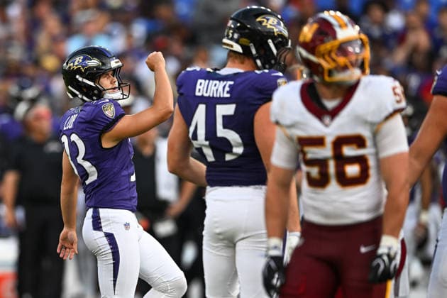 Washington Commanders linebacker Kain Medrano (56n watches Baltimore Ravens kicker Tyler Loop (33) kick a 51 yard field goal during the second quarter of a preseason game at M&T Bank Stadium in Baltimore, Maryland, on Friday, August 28, 2026.  BAL20260828109 DAVIDxTULIS