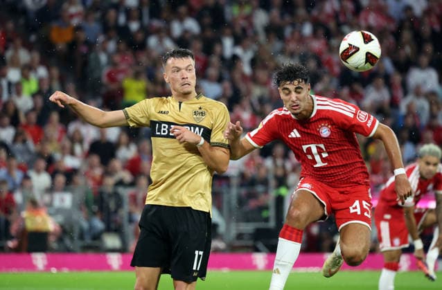 28.08.26 FC Bayern München - VfB Stuttgart Deutschland, München, 28.08.2026, Fussball, Bundesliga, Saison 2026 2027, FC Bayern München - VfB Stuttgart: v.l. Dzenan Pejcinovic (VfB Stuttgart), Aleksandar Pavlovic (FC Bayern München). *** August 28, 2026 FC Bayern Munich vs. VfB Stuttgart Germany, Munich, August 28, 2026, Soccer, Bundesliga, 2026–2027 Season, FC Bayern Munich vs. VfB Stuttgart: Dzenan Pejcinovic (VfB Stuttgart), Aleksandar Pavlovic (FC Bayern Munich)