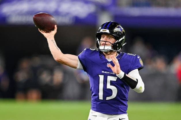 Baltimore Ravens linebacker Mike Green (15) throws against the Washington Commanders during the fourth quarter of a preseason game at M&T Bank Stadium in Baltimore, Maryland, on Friday, August 28, 2026. The Ravens won 41-3.  BAL20260828122 DAVIDxTULIS