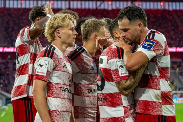 August 28, 2026, xkkux Soccer, Fortuna Düsseldorf vs. VfB Stuttgart II, 3rd Division, Merkur Spiel Arena, 2026–2027 Season: Goal celebration after Andreas Müller scored the 1–0 goal for Fortuna Düsseldorf 06, together with the team. DFB regulations prohibit any use of photographs as image sequences and or quasi-video. North Rhine-Westphalia, Germany