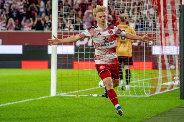 August 28, 2026, xkkux Soccer, Fortuna Düsseldorf vs. VfB Stuttgart II, 3. Liga, Merkur Spiel Arena, 2026–2027 Season: Celebrations after the 1–0 goal scored by Andreas Müller; Fortuna Düsseldorf 06. DFB regulations prohibit any use of photographs as image sequences and or quasi-video. North Rhine-Westphalia, Germany