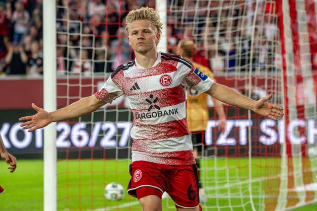 August 28, 2026, xkkux Soccer, Fortuna Düsseldorf vs. VfB Stuttgart II, 3. Liga, Merkur Spiel Arena, 2026–2027 Season: Celebrations after the 1–0 goal scored by Andreas Müller; Fortuna Düsseldorf 06. DFB regulations prohibit any use of photographs as image sequences and or quasi-video. North Rhine-Westphalia, Germany