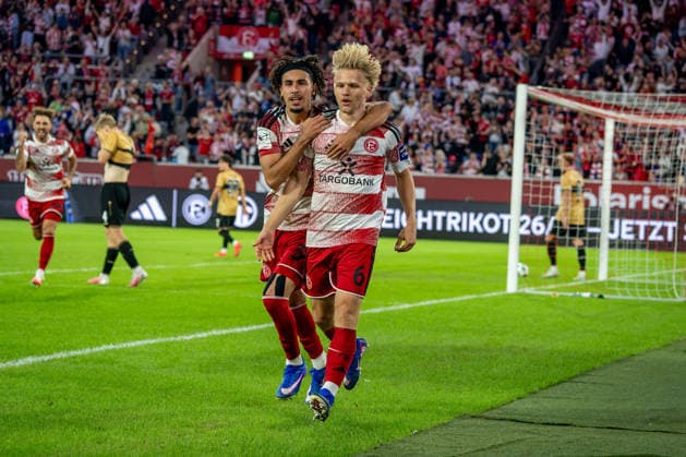 August 28, 2026, xkkux Soccer, Fortuna Düsseldorf vs. VfB Stuttgart II, 3. Liga, Merkur Spiel Arena, 2026–2027 Season: Goal celebration after Andreas Müller scores the 1–0 goal for Fortuna Düsseldorf 06, alongside Anas Slimani (Fortuna Düsseldorf 34). DFB regulations prohibit any use of photographs as image sequences and or quasi-video. North Rhine-Westphalia, Germany