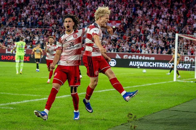 August 28, 2026, xkkux Soccer, Fortuna Düsseldorf vs. VfB Stuttgart II, 3. Liga, Merkur Spiel Arena, 2026–2027 Season: Goal celebration after Andreas Müller scores the 1–0 goal for Fortuna Düsseldorf 06, alongside Anas Slimani (Fortuna Düsseldorf 34). DFB regulations prohibit any use of photographs as image sequences and or quasi-video. North Rhine-Westphalia, Germany