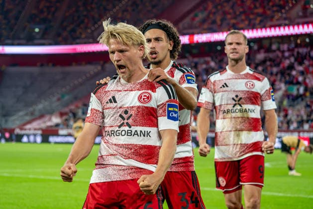 August 28, 2026, xkkux Soccer, Fortuna Düsseldorf vs. VfB Stuttgart II, 3. Liga, Merkur Spiel Arena, 2026–2027 Season: Celebrations after the 1–0 goal scored by Andreas Müller, Fortuna Düsseldorf 06, alongside Anas Slimani, Fortuna Düsseldorf 34, and Eric Hottmann, Fortuna Düsseldorf 09. DFB regulations prohibit any use of photographs as image sequences and or quasi-video. North Rhine-Westphalia Germany