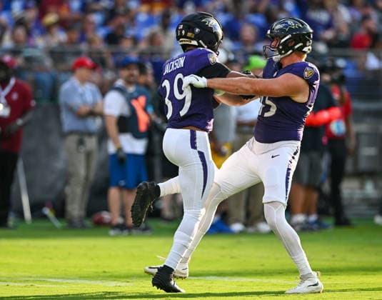 Baltimore Ravens safety Keondre Jackson (39) and linebacker Ethan Burke (45) react after a fumble recovery from the Washington Commanders during the first quarter of a preseason game at M&T Bank Stadium in Baltimore, Maryland, on Friday, August 28, 2026.  BAL20260828133 DAVIDxTULIS