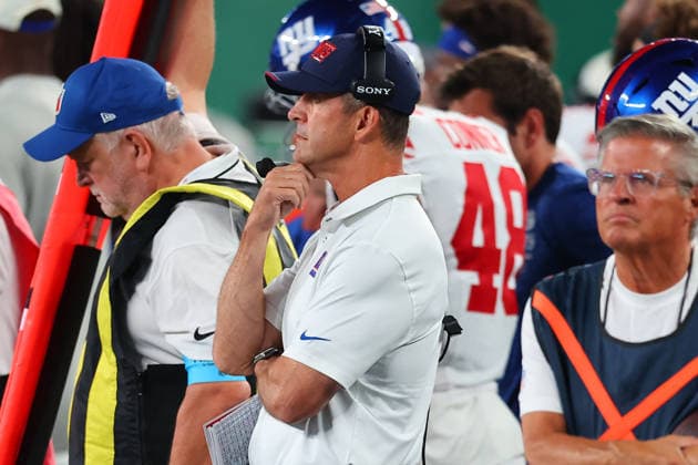 EAST RUTHERFORD, NJ - AUGUST 28: John Harbaugh head coach of the New York Giants during the NFL, American Football Herren, USA Pre-season game against the New York Jets on August 28, 2026 at MetLife Stadium in East Rutherford, New Jersey. (Photo by Rich Graessle Icon Sportswire) NFL: AUG 28 Giants at Jets EDITORIAL USE ONLY Icon26082831186
