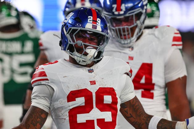 EAST RUTHERFORD, NJ - AUGUST 28: Tyrone Tracy Jr. 29 of the New York Giants reacts after scoring a touchdown during the NFL, American Football Herren, USA Pre-season game against the New York Jets on August 28, 2026 at MetLife Stadium in East Rutherford, New Jersey. (Photo by Rich Graessle Icon Sportswire) NFL: AUG 28 Giants at Jets EDITORIAL USE ONLY Icon26082831189