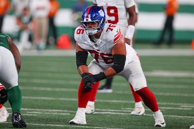 EAST RUTHERFORD, NJ - AUGUST 28: Jon Runyan 76 of the New York Giants during the NFL, American Football Herren, USA Pre-season game against the New York Jets on August 28, 2026 at MetLife Stadium in East Rutherford, New Jersey. (Photo by Rich Graessle Icon Sportswire) NFL: AUG 28 Giants at Jets EDITORIAL USE ONLY Icon26082831199