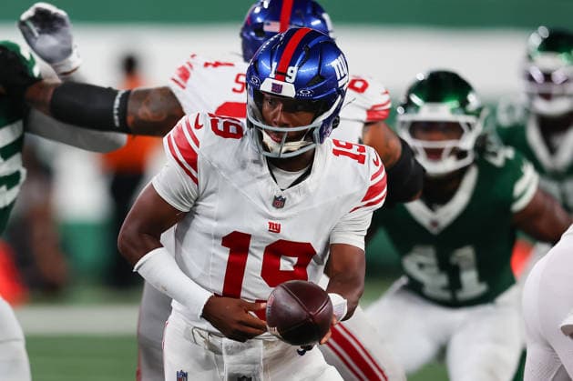 EAST RUTHERFORD, NJ - AUGUST 28: Jameis Winston 19 of the New York Giants during the NFL, American Football Herren, USA Pre-season game against the New York Jets on August 28, 2026 at MetLife Stadium in East Rutherford, New Jersey. (Photo by Rich Graessle Icon Sportswire) NFL: AUG 28 Giants at Jets EDITORIAL USE ONLY Icon26082831203