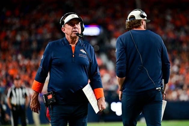DENVER, CO - AUGUST 28: Denver Broncos head coach Sean Payton and offensive coordinator Davis Webb look on during a preseason game between the Minnesota Vikings and the Denver Broncos at Empower Field at Mile High on August 28, 2026 in Denver, Colorado. (Photo by Dustin Bradford Icon Sportswire) NFL, American Football Herren, USA AUG 28 Vikings at Broncos EDITORIAL USE ONLY Icon132260828012