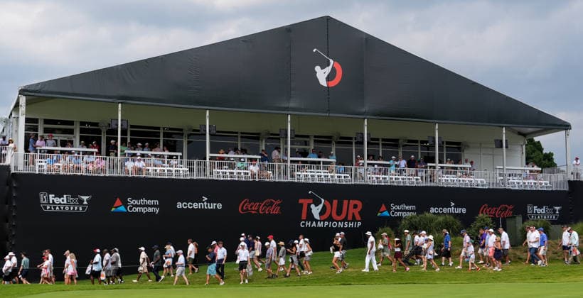 August 28, 2026, Atlanta, Georgia, USA: View of advertisements on a structure seen near the 9th tee during the second round of the 2026 TOUR Championship at East Lake Golf Club. Atlanta USA - ZUMAw109 20260828_fap_w109_035 Copyright: xDebbyxWongx