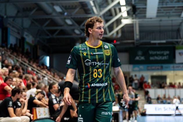 Hamm, Germany, August 28, 2026, 2nd HBL 2026–2027, Match 1: ASV Hamm Westfalen vs. VfL Eintracht Hagen. Pictured: Pierre Busch of Hagen looks pensive on the field at the WESTPRESS Arena in North Rhine-Westphalia. Copyright: xFotostandx xKruczynskix