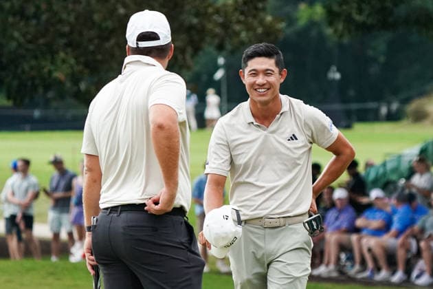 August 28, 2026, Atlanta, Georgia, USA: Collin Morikawa (USA)(R) and Chris Gotterup (USA) share a laugh on the 18th green after the second round of the 2026 TOUR Championship at East Lake Golf Club. PGA, Golf Herren 2026: TOUR Championship - Round 2  - ZUMAw109 20260828_fap_w109_061 Copyright: xDebbyxWongx