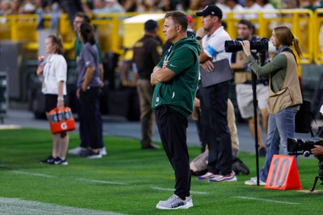 GREEN BAY, WI - AUGUST 28: Green Bay Packers General Manager Brian Gutekunst watches play during a preseason game between the Green Bay Packers and the Arizona Cardinals on August 28, 2026 at Lambeau Field, in Green Bay, WI. (Photo by Larry Radloff Icon Sportswire) NFL, American Football Herren, USA AUG 28 Cardinals at Packers EDITORIAL USE ONLY Icon202608281497