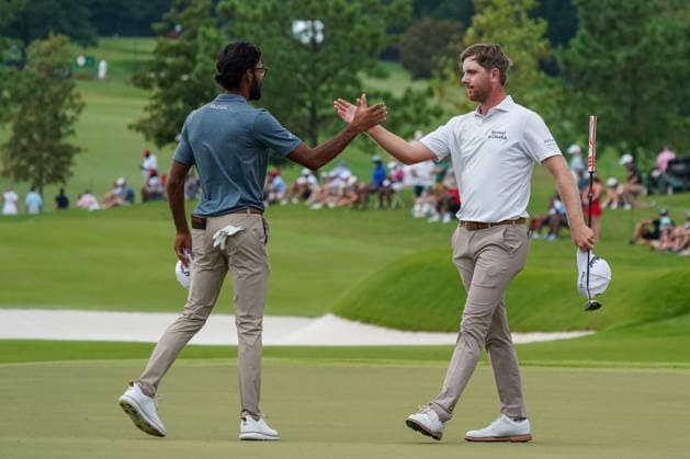 August 28, 2026, Atlanta, Georgia, USA: Ryan Gerard (USA) (R) and Akshay Bhatia (USA) shake hands on the 18th green after the second round of the 2026 TOUR Championship at East Lake Golf Club. Atlanta USA - ZUMAw109 20260828_fap_w109_066 Copyright: xDebbyxWongx