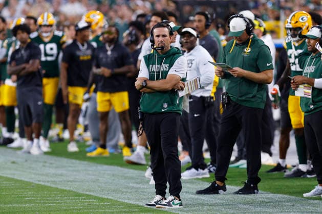 GREEN BAY, WI - AUGUST 28: Green Bay Packers head coach Matt LaFluer watches a replay during a preseason game between the Green Bay Packers and the Arizona Cardinals on August 28, 2026 at Lambeau Field, in Green Bay, WI. (Photo by Larry Radloff Icon Sportswire) NFL, American Football Herren, USA AUG 28 Cardinals at Packers EDITORIAL USE ONLY Icon202608281319