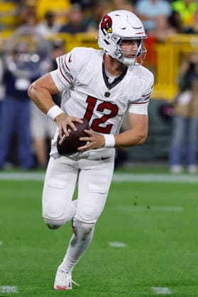 GREEN BAY, WI - AUGUST 28: Arizona Cardinals quarterback Kedon Slovis (12) rolls out during a preseason game between the Green Bay Packers and the Arizona Cardinals on August 28, 2026 at Lambeau Field, in Green Bay, WI. (Photo by Larry Radloff Icon Sportswire) NFL, American Football Herren, USA AUG 28 Cardinals at Packers EDITORIAL USE ONLY Icon202608282316