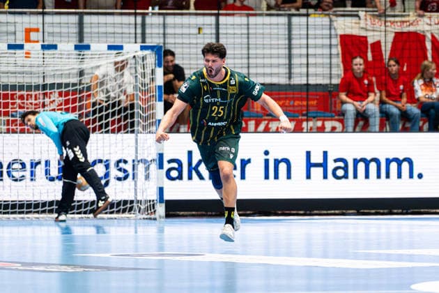 Hamm, Germany, August 28, 2026, 2nd HBL 2026–2027, Match 1: ASV Hamm Westfalen vs. VfL Eintracht Hagen. Pictured: Philip Jungemann of Hagen celebrates after scoring a goal. WESTPRESS Arena, North Rhine-Westphalia Copyright: xFotostandx xKruczynskix