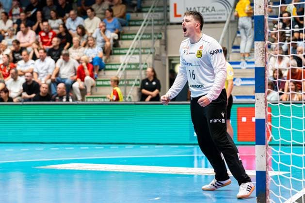 Hamm, Germany, August 28, 2026, 2nd HBL 2026–2027, Match 1: ASV Hamm Westfalen vs. VfL Eintracht Hagen. Pictured: Goalie Pascal Bochmann. Hagen celebrates. WESTPRESS Arena, North Rhine-Westphalia Copyright: xFotostandx xKruczynskix