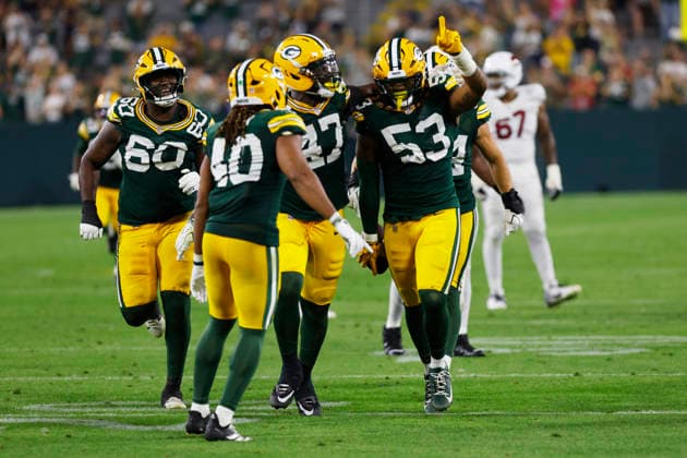 GREEN BAY, WI - AUGUST 28: Green Bay Packers defensive lineman Arron Mosby (53) celebrates his interception during a preseason game between the Green Bay Packers and the Arizona Cardinals on August 28, 2026 at Lambeau Field, in Green Bay, WI. (Photo by Larry Radloff Icon Sportswire) NFL, American Football Herren, USA AUG 28 Cardinals at Packers EDITORIAL USE ONLY Icon202608285205