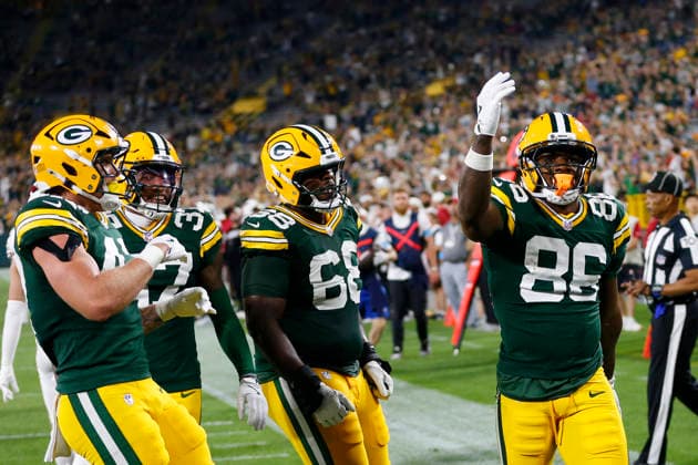 GREEN BAY, WI - AUGUST 28: Green Bay Packers wide receiver Kisean Johnson (86) celebrates his touchdown during a preseason game between the Green Bay Packers and the Arizona Cardinals on August 28, 2026 at Lambeau Field, in Green Bay, WI. (Photo by Larry Radloff Icon Sportswire) NFL, American Football Herren, USA AUG 28 Cardinals at Packers EDITORIAL USE ONLY Icon202608286002