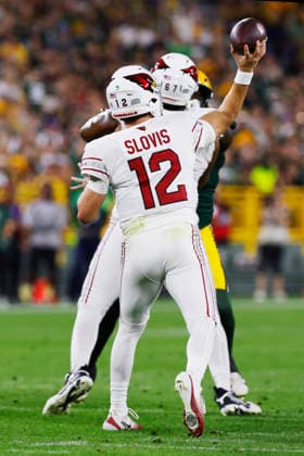 GREEN BAY, WI - AUGUST 28: Arizona Cardinals quarterback Kedon Slovis (12) throws a pass during a preseason game between the Green Bay Packers and the Arizona Cardinals on August 28, 2026 at Lambeau Field, in Green Bay, WI. (Photo by Larry Radloff Icon Sportswire) NFL, American Football Herren, USA AUG 28 Cardinals at Packers EDITORIAL USE ONLY Icon202608282827