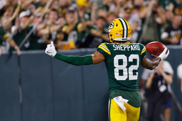 GREEN BAY, WI - AUGUST 28: Green Bay Packers wide receiver Will Sheppard (82) returns a punt for a touchdown during a preseason game between the Green Bay Packers and the Arizona Cardinals on August 28, 2026 at Lambeau Field, in Green Bay, WI. (Photo by Larry Radloff Icon Sportswire) NFL, American Football Herren, USA AUG 28 Cardinals at Packers EDITORIAL USE ONLY Icon202608283140