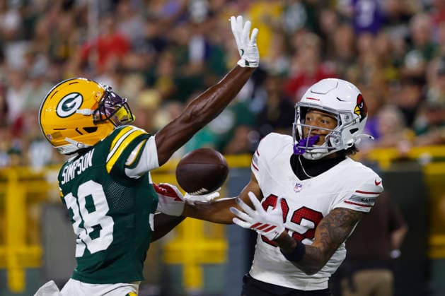 GREEN BAY, WI - AUGUST 28: Green Bay Packers defensive back Jaylin Simpson (38) breaks up a pass during a preseason game between the Green Bay Packers and the Arizona Cardinals on August 28, 2026 at Lambeau Field, in Green Bay, WI. (Photo by Larry Radloff Icon Sportswire) NFL, American Football Herren, USA AUG 28 Cardinals at Packers EDITORIAL USE ONLY Icon202608283666
