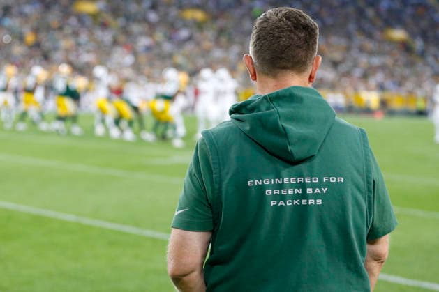 GREEN BAY, WI - AUGUST 28: Green Bay Packers General Manager Brian Gutekust watches play during a preseason game between the Green Bay Packers and the Arizona Cardinals on August 28, 2026 at Lambeau Field, in Green Bay, WI. (Photo by Larry Radloff Icon Sportswire) NFL, American Football Herren, USA AUG 28 Cardinals at Packers EDITORIAL USE ONLY Icon202608285814