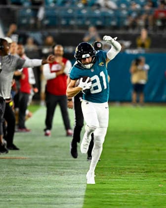 Tampa Bay Wide Receiver Austin Trammell steps out of bounds after making a reception in the first quarter as the Buccaneers compete against the Jaguars at EverBank Stadium in Jacksonville, Florida on Friday August 28, 2026. The Jaguars defeated the Buccaneers 19-0.  JAX20260828002 JOExMARINO