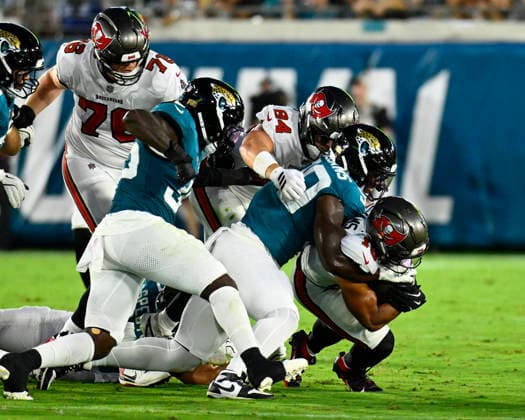 Tampa Bay Quarterback Jalon Daniels is sacked in the first quarter as the Buccaneers compete against the Jaguars at EverBank Stadium in Jacksonville, Florida on Friday August 28, 2026. The Jaguars defeated the Bucs 19-0.  JAX20260828005 JOExMARINO