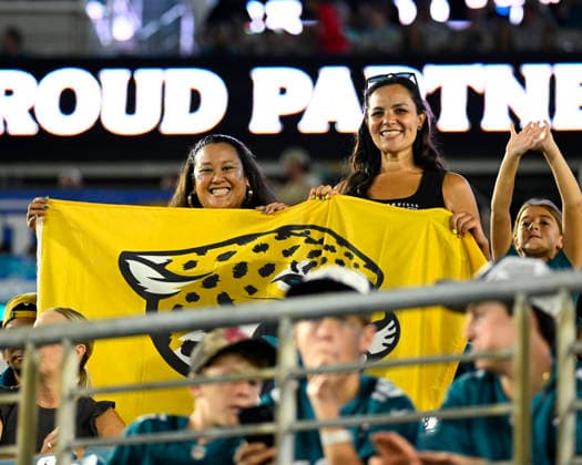Fans fly a banner as the Jaguars compete against the Buccaneers in the third pre-season game at EverBank Stadium in Jacksonville, Florida on Friday August 28, 2026. The Jaguars defeated the Buccaneers 19-0.  JAX20260828012 JOExMARINO