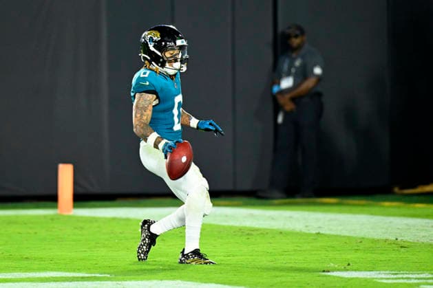 Jacksonville Wide Receiver Michael Wortham scores a touchdown on a kickoff return in the fourth quarter as the Jaguars compete against the Buccaneers at EverBank Stadium in Jacksonville, Florida on Friday August 28, 2026. The Jaguars defeated the Buccaneers 19-0.  JAX20260828019 JOExMARINO