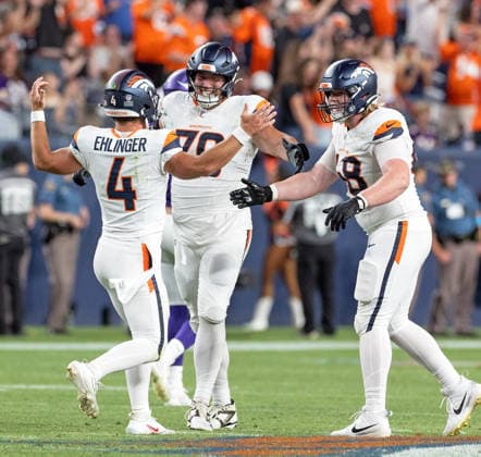 August 28, 2026, Denver, Colorado, USA: Broncos QB SAM EHLINGER celebrates with team mates after throwing an 80 year TD pass during the 2nd. Half at Empower Field at Mile High Friday evening. Broncos beat the Vikings 34-6 in Pre-Season play. Credit Image: ZUMA Press Wire) Denver USA - ZUMAav4_ 20260828_zaf_av4_005 Copyright: xHectorxAcevedox