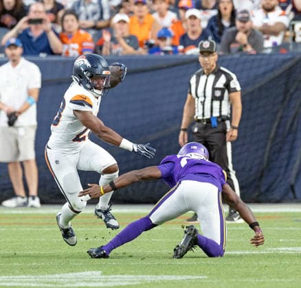 August 28, 2026, Denver, Colorado, USA: Broncos RB TLYER BADIE makes a move for good yardage during the 1st. Half at Empower Field at Mile High Friday evening. Broncos beat the Vikings 34-6 in Pre-Season play. Credit Image: ZUMA Press Wire) Denver USA - ZUMAav4_ 20260828_zaf_av4_012 Copyright: xHectorxAcevedox